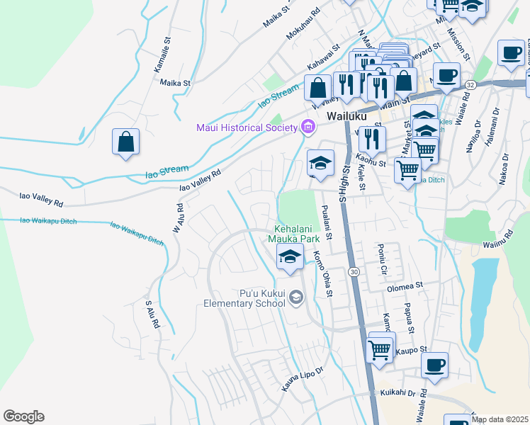 map of restaurants, bars, coffee shops, grocery stores, and more near 368 Puaehu Street in Wailuku
