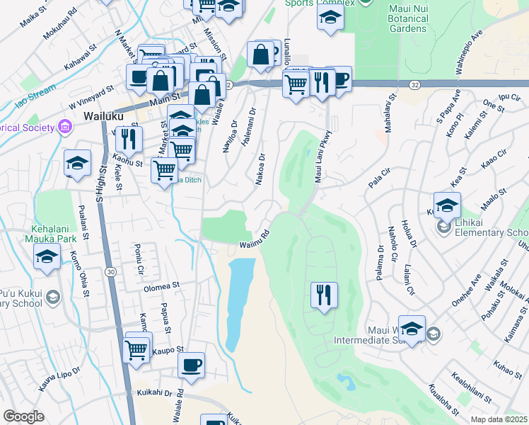 map of restaurants, bars, coffee shops, grocery stores, and more near 178 Keoneloa Street in Wailuku