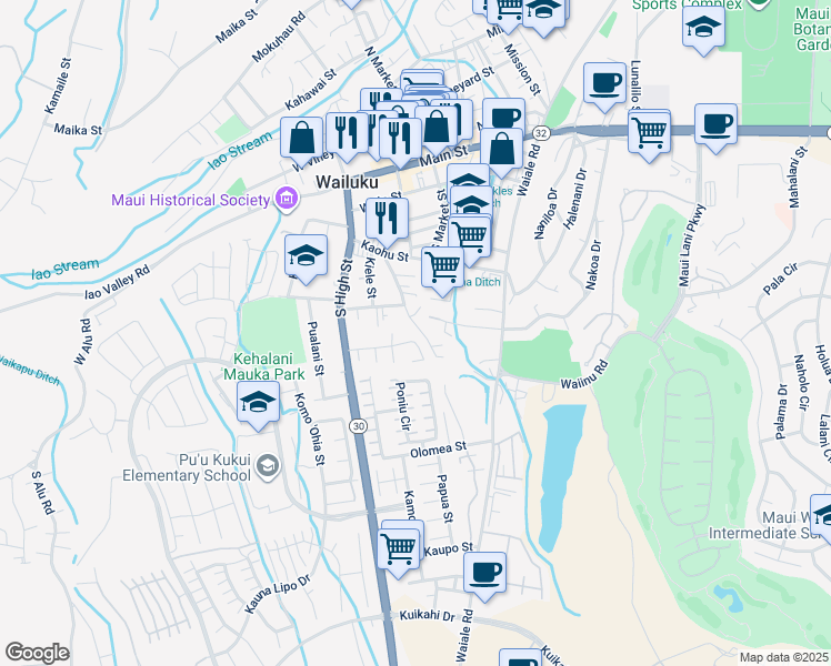 map of restaurants, bars, coffee shops, grocery stores, and more near 2078 Kolo Place in Wailuku