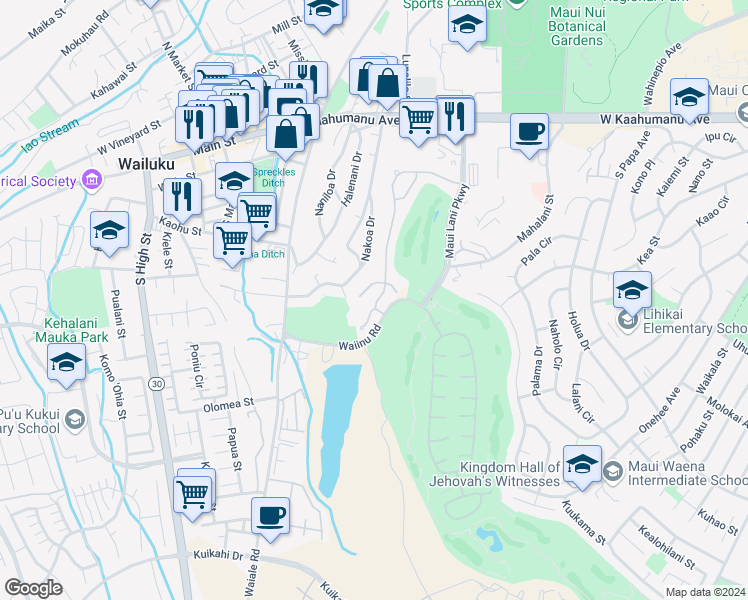map of restaurants, bars, coffee shops, grocery stores, and more near 178 Keoneloa Street in Wailuku