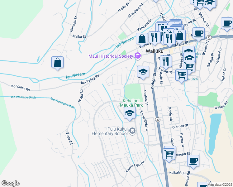 map of restaurants, bars, coffee shops, grocery stores, and more near 374 Puaehu Street in Wailuku