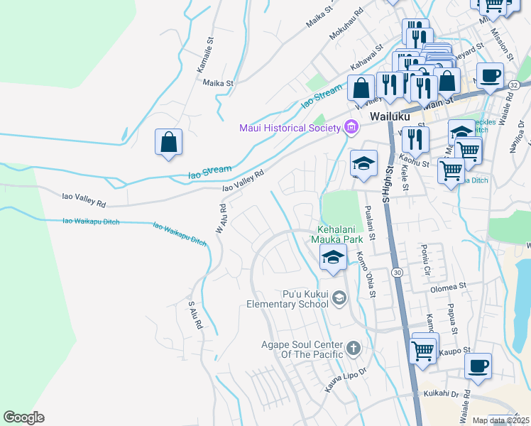 map of restaurants, bars, coffee shops, grocery stores, and more near 132 Kili'o'opu Street in Wailuku
