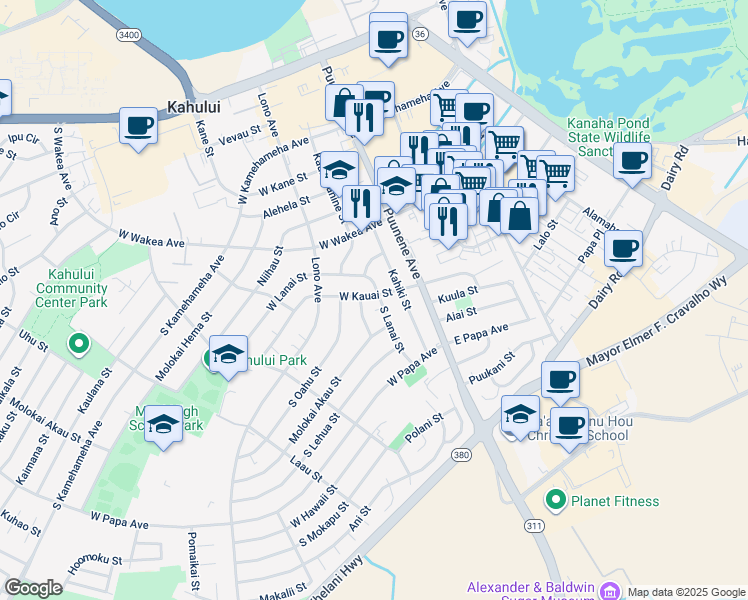 map of restaurants, bars, coffee shops, grocery stores, and more near 65 West Kauai Street in Kahului