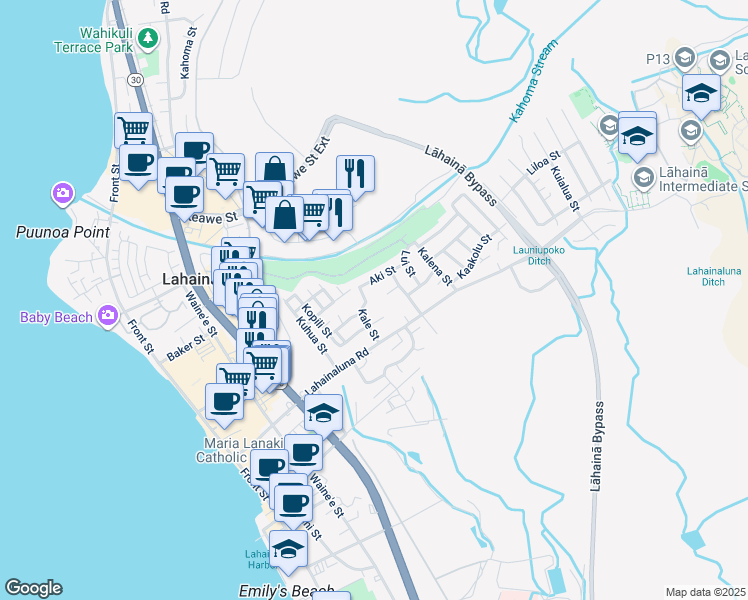 map of restaurants, bars, coffee shops, grocery stores, and more near 870 Kale Street in Lahaina
