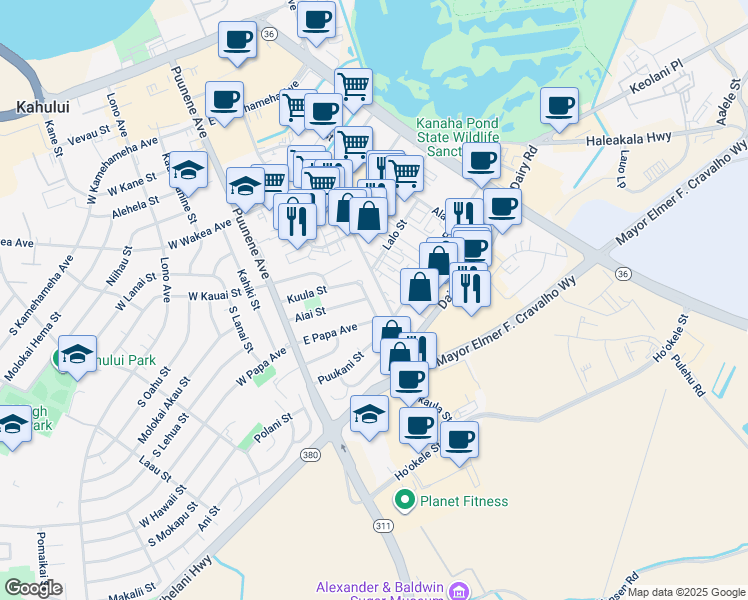 map of restaurants, bars, coffee shops, grocery stores, and more near 157 Kuula Street in Kahului