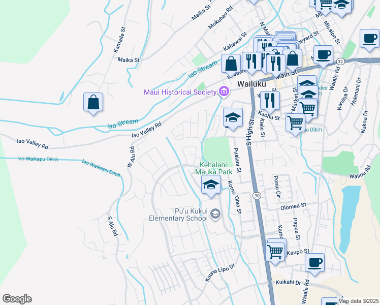 map of restaurants, bars, coffee shops, grocery stores, and more near 374 Puaehu Street in Wailuku