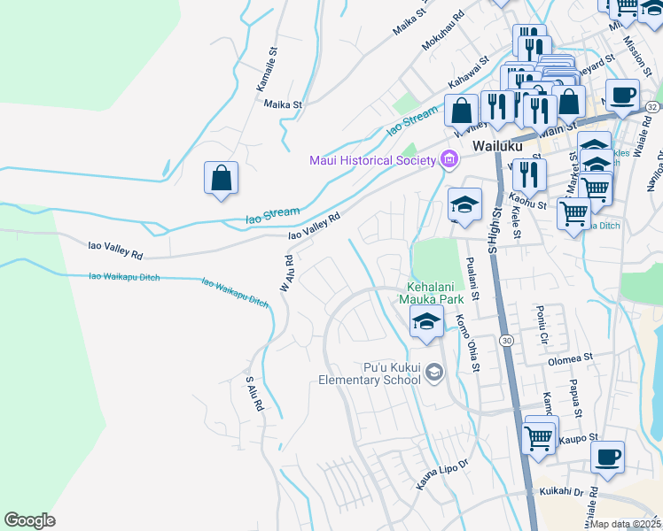 map of restaurants, bars, coffee shops, grocery stores, and more near 137 Kili'o'opu Street in Wailuku
