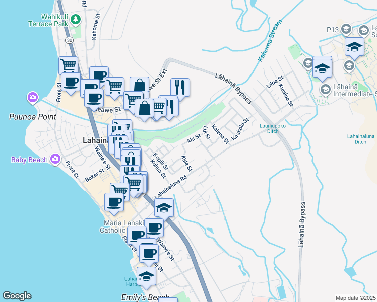map of restaurants, bars, coffee shops, grocery stores, and more near 870 Kale Street in Lahaina