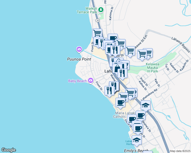 map of restaurants, bars, coffee shops, grocery stores, and more near 76 Kahoma Village Loop in Lahaina