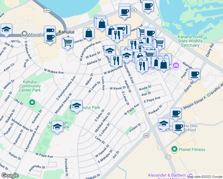 map of restaurants, bars, coffee shops, grocery stores, and more near 350 South Oahu Street in Kahului