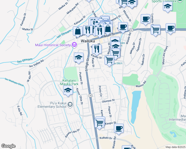 map of restaurants, bars, coffee shops, grocery stores, and more near 451 Lauone Place in Wailuku