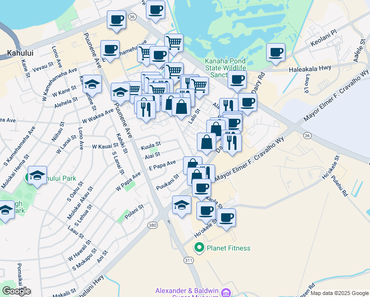 map of restaurants, bars, coffee shops, grocery stores, and more near 157 Kuula Street in Kahului