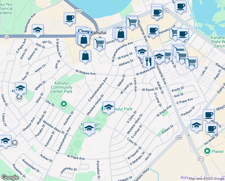 map of restaurants, bars, coffee shops, grocery stores, and more near 268 Niihau Street in Kahului