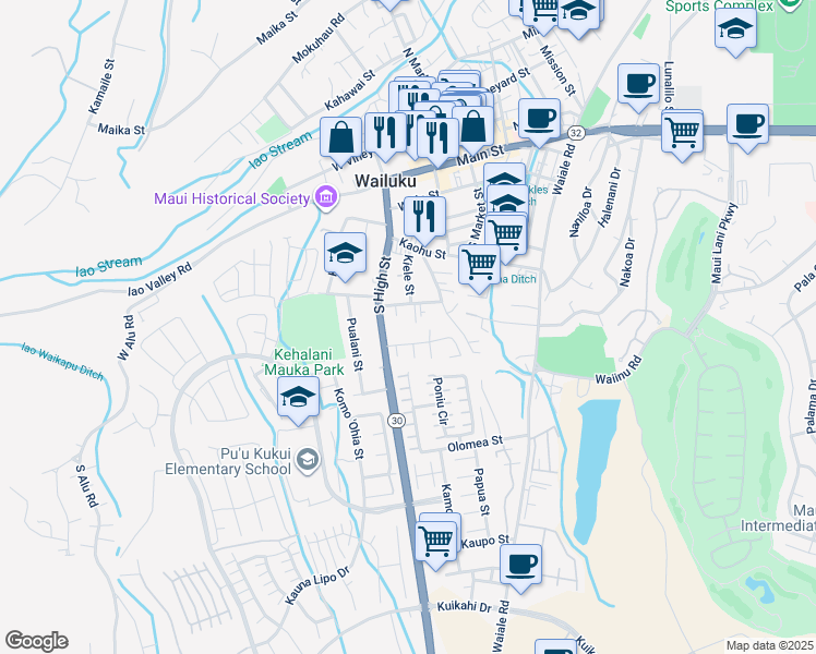 map of restaurants, bars, coffee shops, grocery stores, and more near 451 Lauone Place in Wailuku