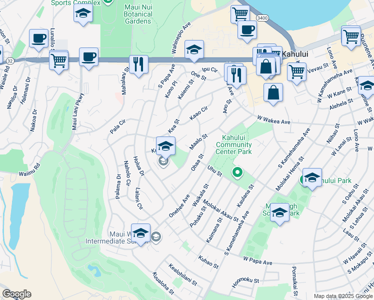 map of restaurants, bars, coffee shops, grocery stores, and more near 556 Maalo Street in Kahului