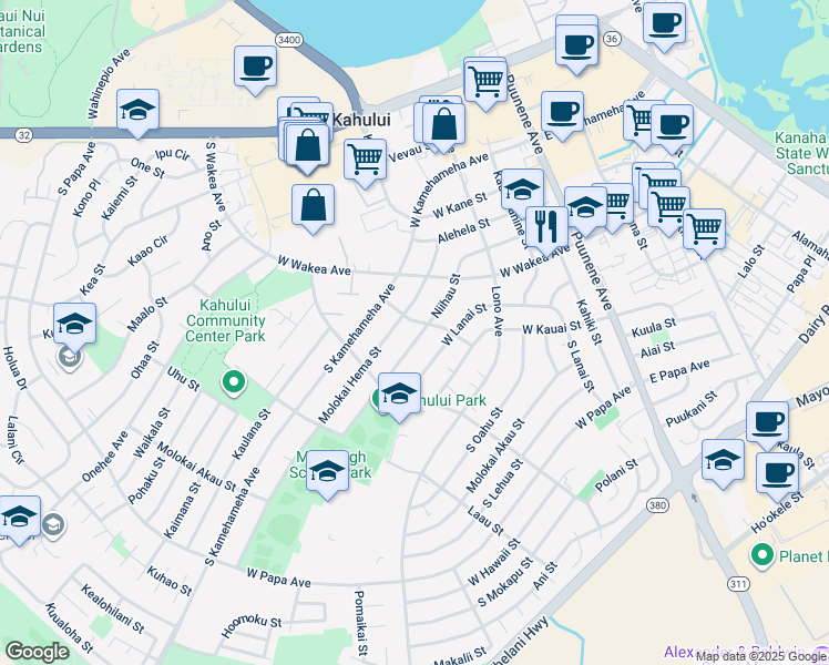 map of restaurants, bars, coffee shops, grocery stores, and more near 268 Niihau Street in Kahului