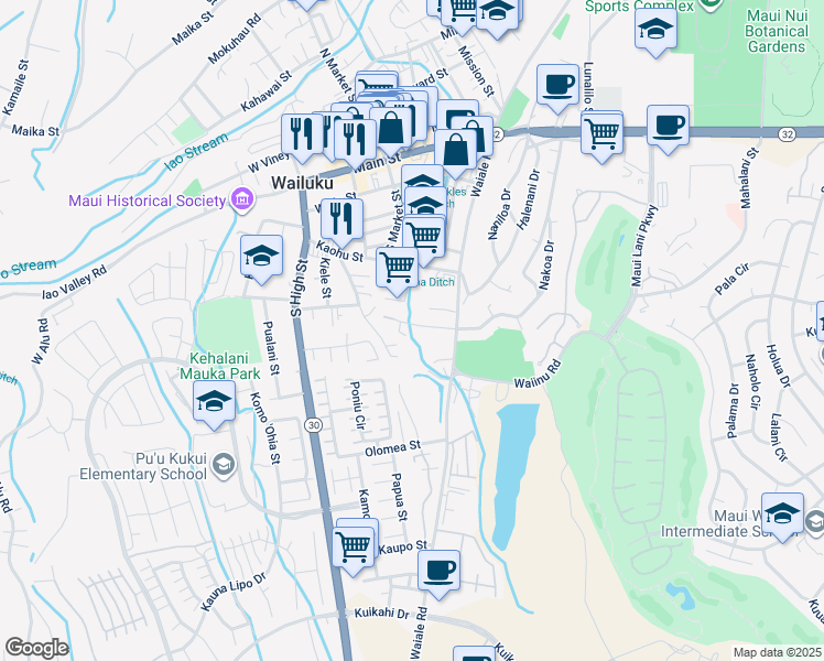 map of restaurants, bars, coffee shops, grocery stores, and more near 1891 Makahala Place in Wailuku