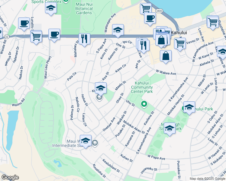 map of restaurants, bars, coffee shops, grocery stores, and more near 556 Maalo Street in Kahului