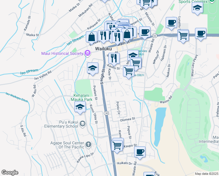 map of restaurants, bars, coffee shops, grocery stores, and more near 452 Lauone Place in Wailuku