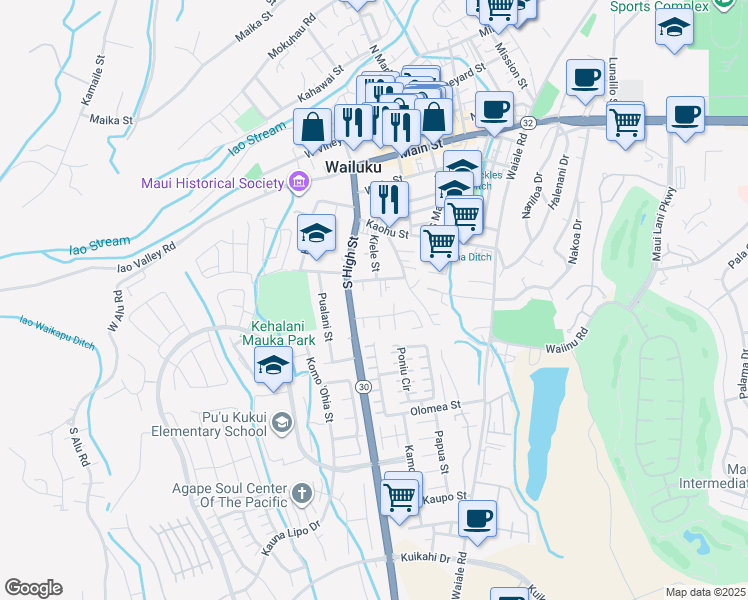 map of restaurants, bars, coffee shops, grocery stores, and more near 452 Lauone Place in Wailuku
