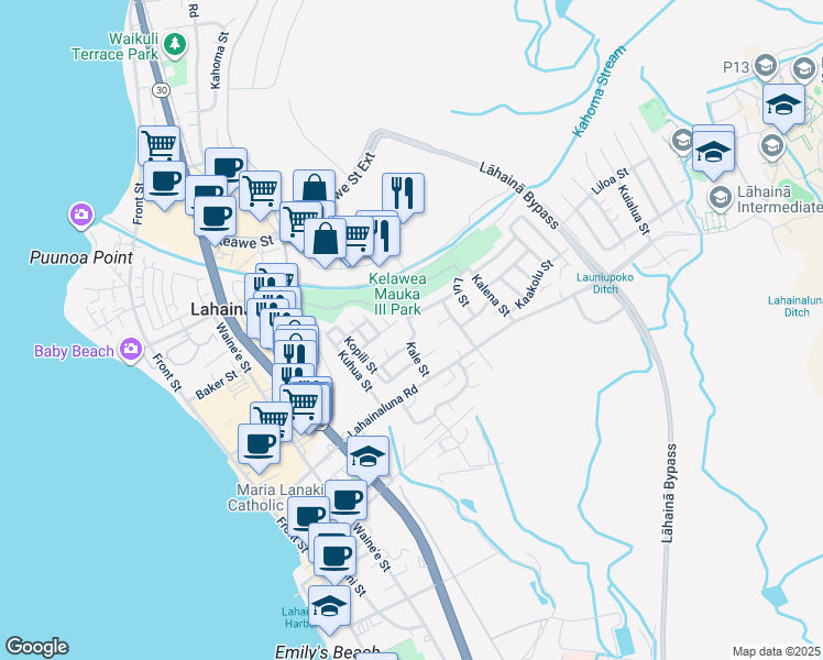 map of restaurants, bars, coffee shops, grocery stores, and more near 877 Kale Street in Lahaina