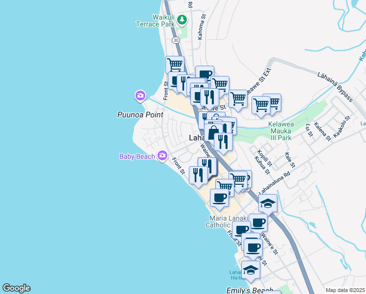 map of restaurants, bars, coffee shops, grocery stores, and more near 142 Kahoma Village Loop in Lahaina