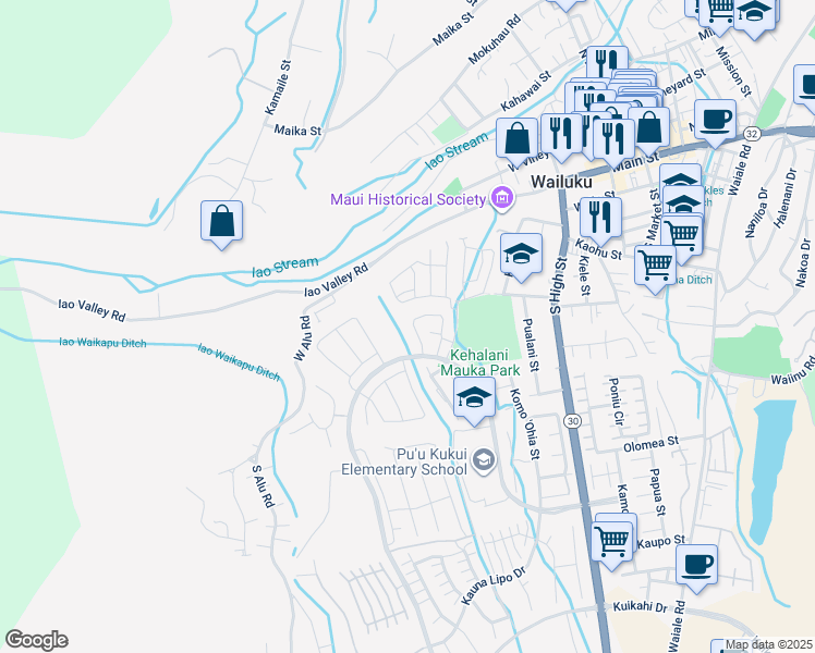 map of restaurants, bars, coffee shops, grocery stores, and more near 199 Puaehu Street in Wailuku