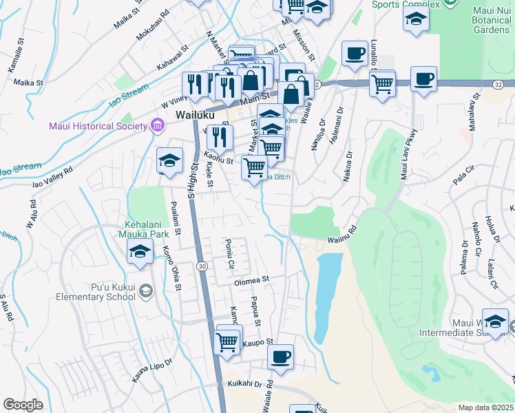 map of restaurants, bars, coffee shops, grocery stores, and more near 438 Poni Place in Wailuku