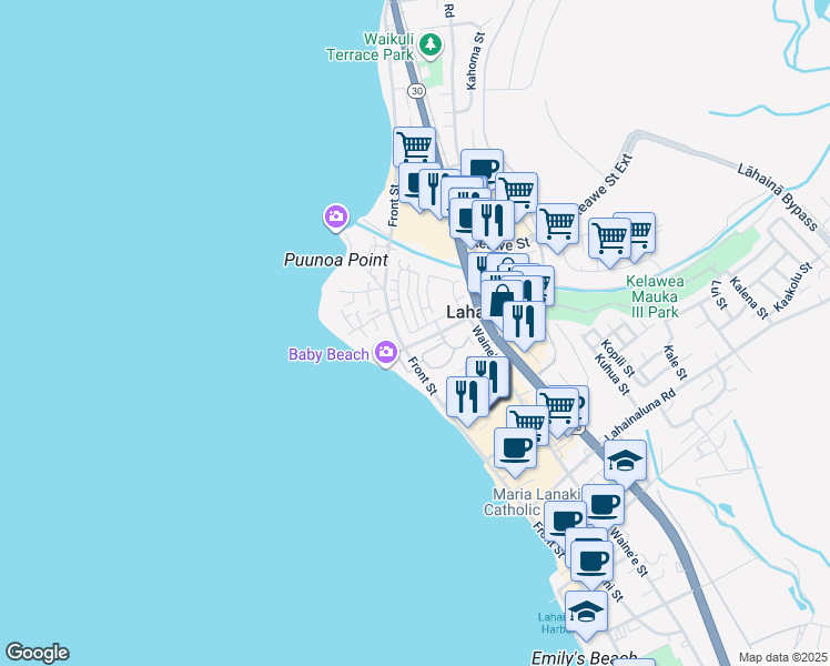 map of restaurants, bars, coffee shops, grocery stores, and more near 52 Kahoma Village Loop in Lahaina