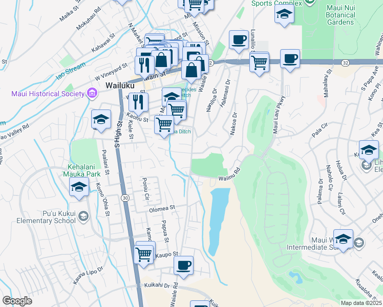 map of restaurants, bars, coffee shops, grocery stores, and more near 0 Makahala Place in Wailuku