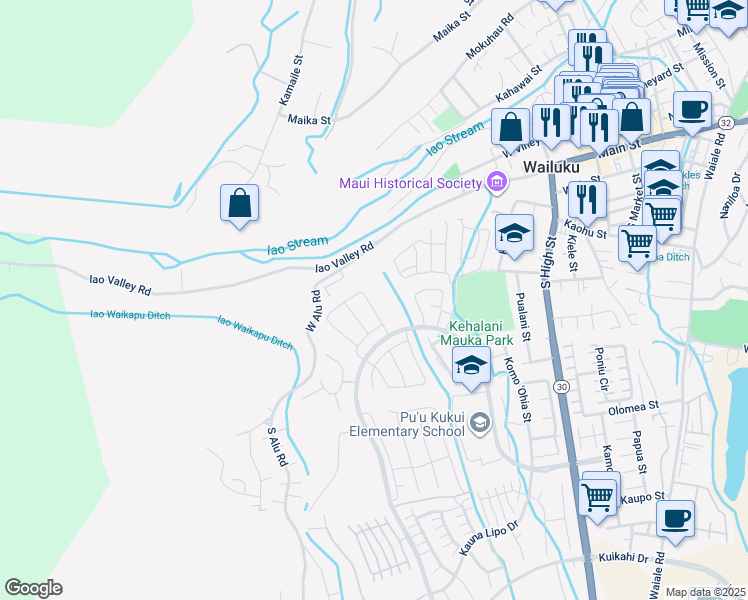 map of restaurants, bars, coffee shops, grocery stores, and more near 136 Kili'o'opu Street in Wailuku