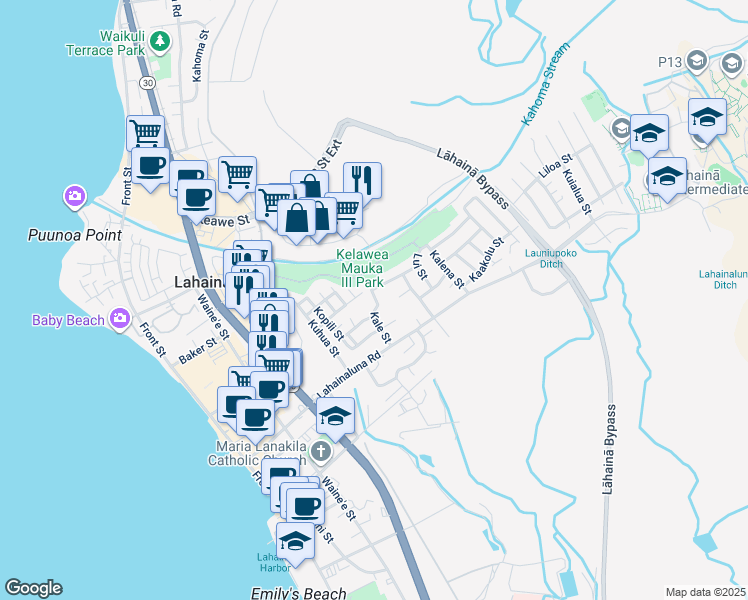 map of restaurants, bars, coffee shops, grocery stores, and more near 877 Kale Street in Lahaina