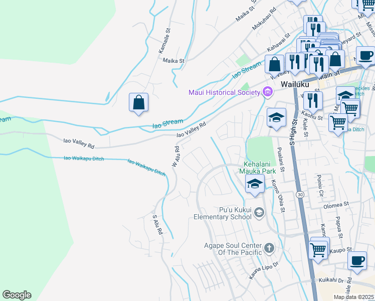 map of restaurants, bars, coffee shops, grocery stores, and more near 186 Kili'o'opu Street in Wailuku