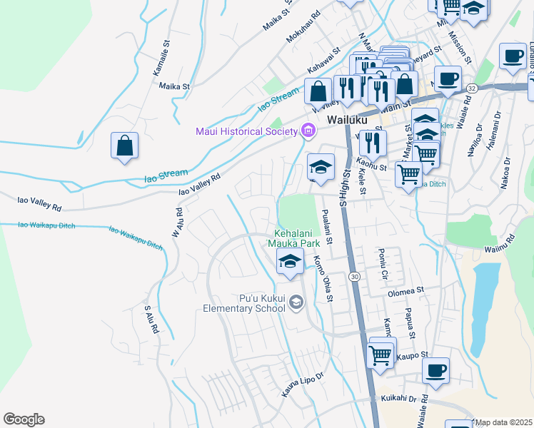 map of restaurants, bars, coffee shops, grocery stores, and more near 368 Puaehu Street in Wailuku
