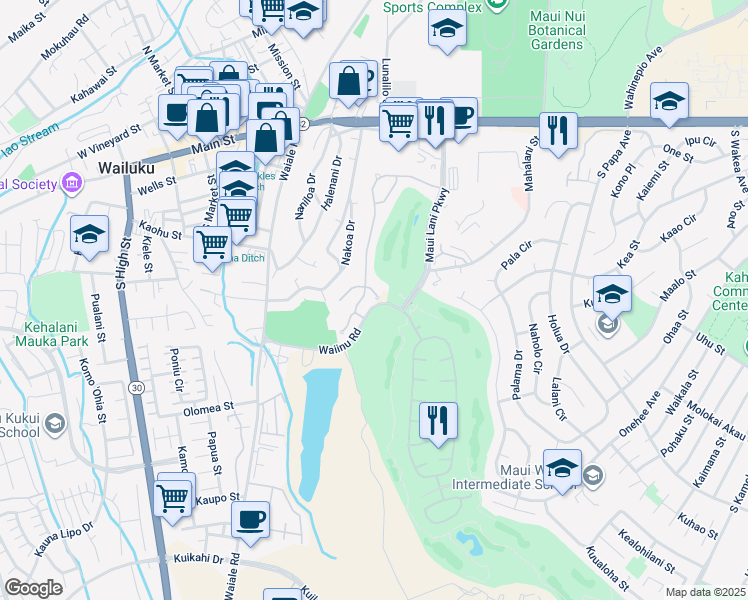 map of restaurants, bars, coffee shops, grocery stores, and more near 28 West Kapueone Place in Wailuku