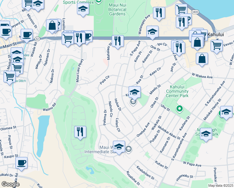 map of restaurants, bars, coffee shops, grocery stores, and more near 281 Holua Drive in Kahului
