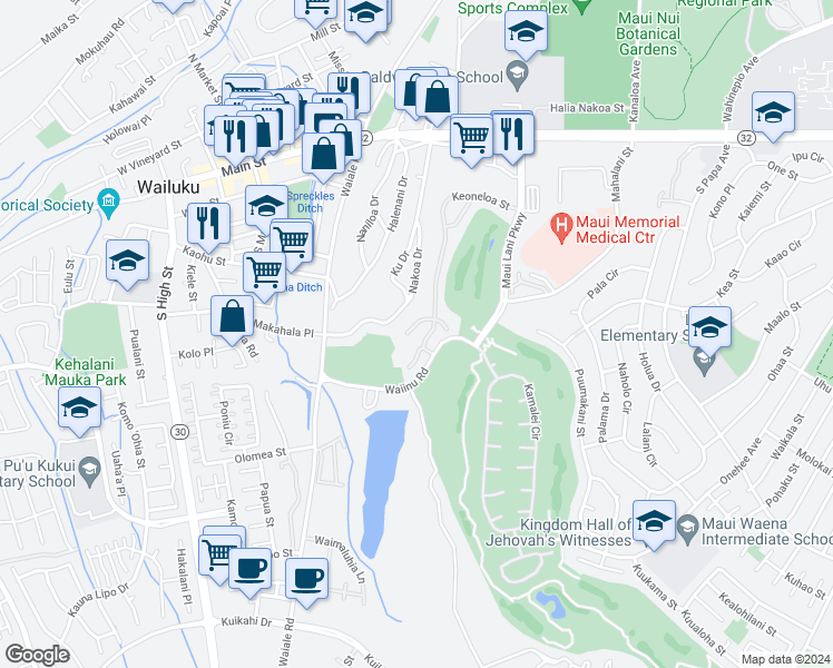 map of restaurants, bars, coffee shops, grocery stores, and more near 31 West Kapueone Place in Wailuku