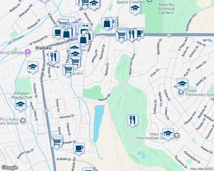 map of restaurants, bars, coffee shops, grocery stores, and more near 31 West Kapueone Place in Wailuku