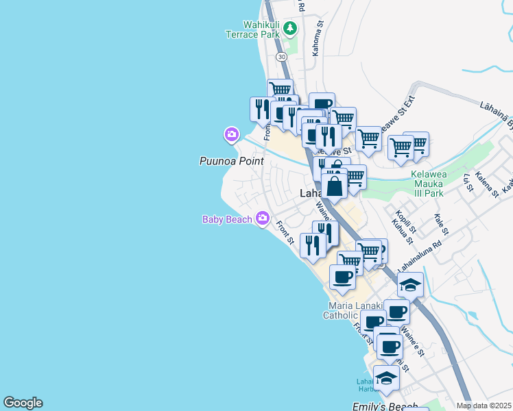 map of restaurants, bars, coffee shops, grocery stores, and more near 1161 Lahilahi Place in Lahaina