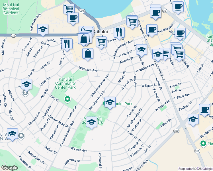 map of restaurants, bars, coffee shops, grocery stores, and more near 322 Molokai Hema Street in Kahului