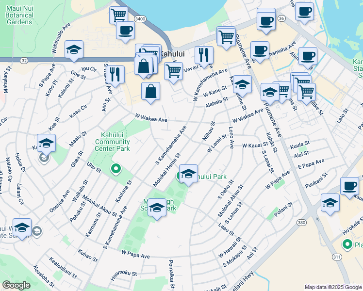 map of restaurants, bars, coffee shops, grocery stores, and more near 322 Molokai Hema Street in Kahului