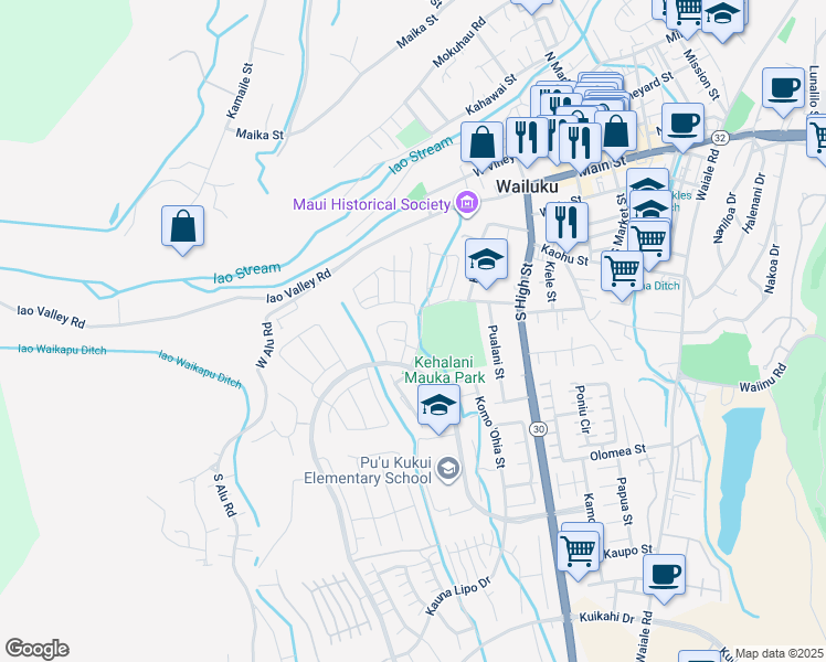 map of restaurants, bars, coffee shops, grocery stores, and more near 345 Puaehu Street in Wailuku