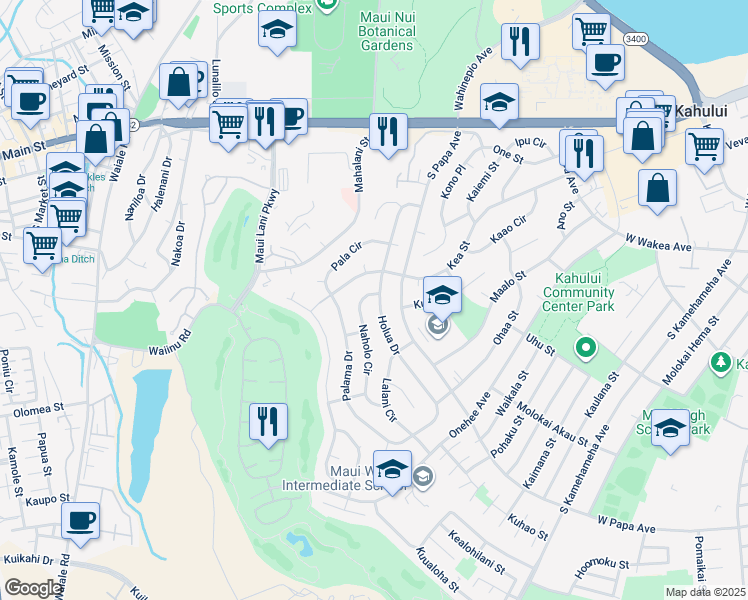 map of restaurants, bars, coffee shops, grocery stores, and more near 278 Holua Drive in Kahului