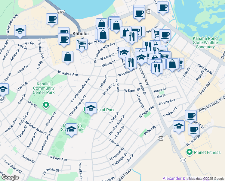 map of restaurants, bars, coffee shops, grocery stores, and more near 174 West Kauai Street in Kahului