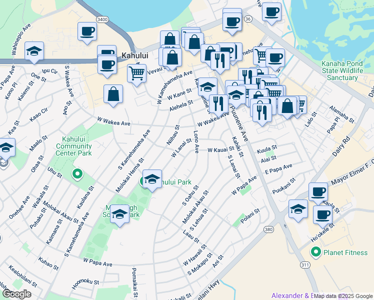 map of restaurants, bars, coffee shops, grocery stores, and more near 174 West Kauai Street in Kahului