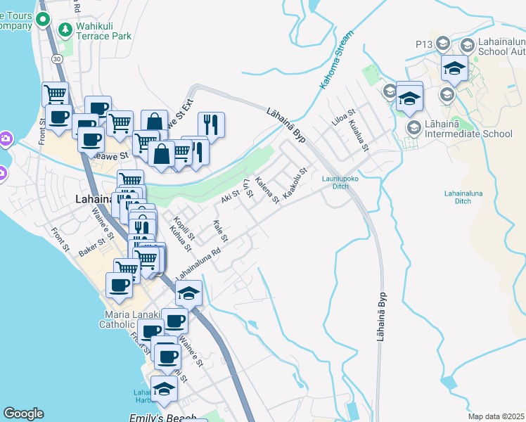 map of restaurants, bars, coffee shops, grocery stores, and more near 820 Kelawea Street in Lahaina