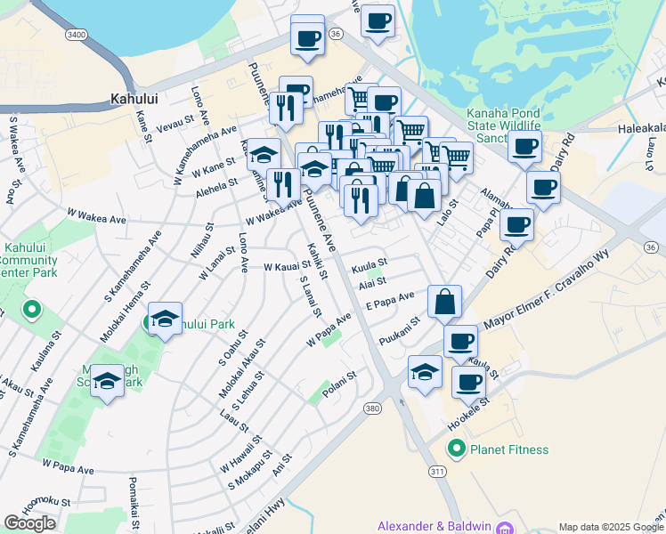 map of restaurants, bars, coffee shops, grocery stores, and more near Maui Veterans Highway in Maui County