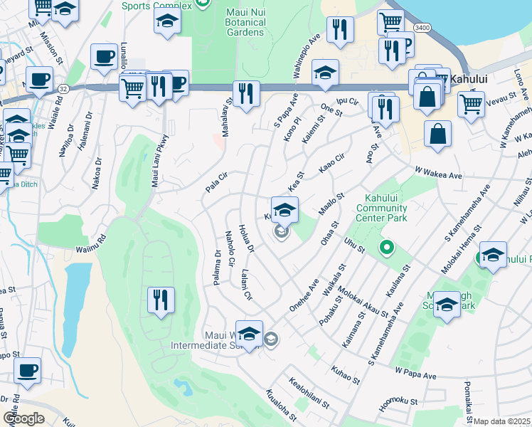 map of restaurants, bars, coffee shops, grocery stores, and more near 654 Kunu Place in Kahului