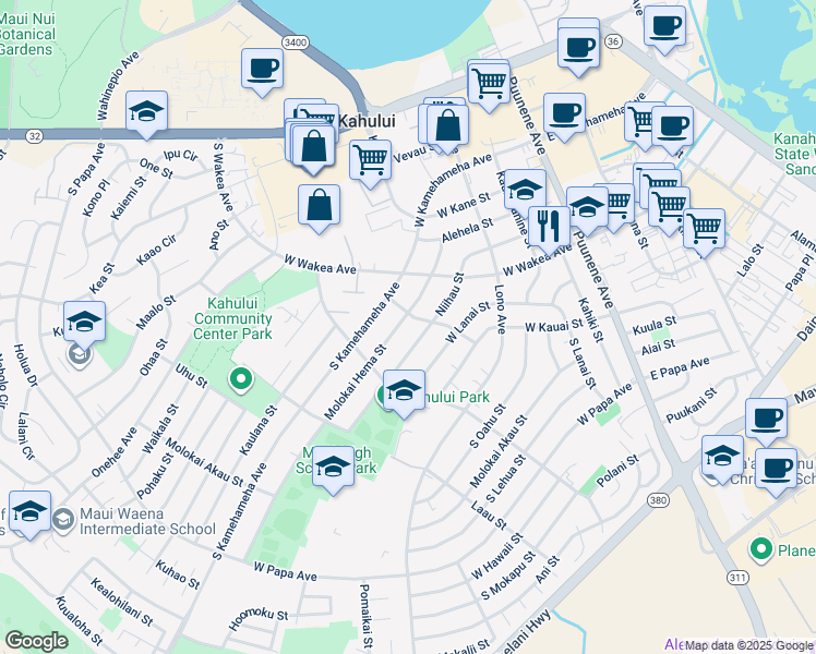 map of restaurants, bars, coffee shops, grocery stores, and more near 307 Molokai Hema Street in Kahului
