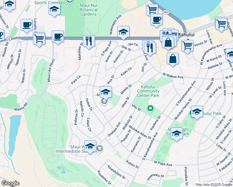 map of restaurants, bars, coffee shops, grocery stores, and more near 552 Maalo Street in Kahului